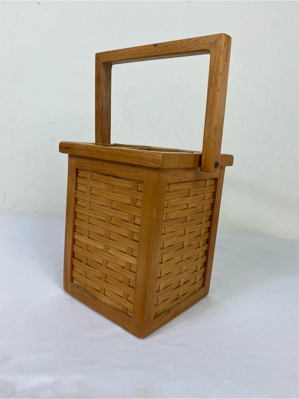 Vintage Wooden Woven Utensils Basket Tote in Honey Brown